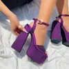 Sandals Glittering Crystal Chunky Open Toe Ankle Strap Platform Heels Evening Party Shoes Blue Pink Red Black Dress Footwear