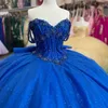 Abiti Quinceanera blu lucidi Sweetheart Tulle con spalle scoperte Perline Crystal Tull Ragazze Compleanno Principessa 15 Abiti da ballo per feste