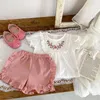 Conjuntos de roupas Estilo Coreano Bebê Meninas Flores Terno Mangas Curtas Top Shorts Casual Princesa Bordada