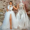 Sexy Wedding Dresses Bridal Gowns High Neck Side Split Deep V Neck Illusion Bridal Dresses for Bride Plus Size Rehinstones Tiered Tulle Marriage for Black Women NW114