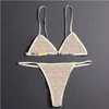 Seksi Üçgen Bikinis Kadın Mayo Tül Dantelli İç Çamaşır Mektupları İşlemeli Zincir Yular Split Mysuits Plaj Sutyaları Kravat Kadın Mayo Takım