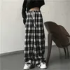 Pantalon femme Harajuku noir blanc Plaid jambe large cordon taille haute surdimensionné pantalon droit ample Streetwear