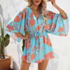 Casual Dresses Single Breasted Flutter Half Sleeve For Women 2024 Summer Leaf Fresh Print Elastic Midje Mini Dress Woman Clothing