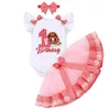 Kläder sätter spädbarn och småbarnflickor Grattis på födelsedagen Kort fladderhylsa bokstäver Tryckt Romper med kjolens pannband