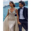 Stunningbride 2024 Luxurious Dubai Wedding Dress Beaded Crystals Rhinestones Bridal Gowns V Neck with Detachable Train Bride Dress