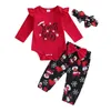 Conjuntos de ropa Baby Girl Niñón Ayuda navideña Ruffle Larra larga Carta Romper Pantalones de renovado Diadema 3 PCS SET