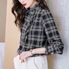 Women's Blouses Women Shirt Blouse Plaid Stand Collar For Bishop Sleeves Top 2024 Spring Clothes Blusas Mujer