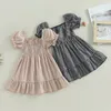 Mädchenkleider FOCUSNORM Sommer Kleinkind Mädchen Süßes Kleid 1-4Y Kurze Puffärmel Plaid Gedruckt Rüschen Knielang A-Linie