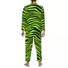Herren-Nachtwäsche, grüner Tiger-Linien-Pyjama, männlicher Tierdruck, modisch, Freizeit, Herbst, 2-teilig, lockeres, übergroßes Grafik-Pyjama-Set