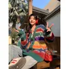 MEXZT Rainbow Striped Knitted Cardigan Women Harajuku Oversized Sweater Coat Vintage Streetwear Loose Knitwear Casual Jumpers 240219