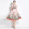 Casual Dresses Luxury Floral Print Women Midi Runway Elegant Stand Collar Ruffled Sleeveless Vestidos Ladies Pleated Party Long Dress