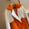 Femmes fourrure hiver femmes coréen décontracté Orange longue femme Faux manteau Patchwork contraste couleur revers manches Imitation pardessus