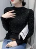 Kadın Tişörtleri Avrupa Kıyafetleri Tişört Kadın Poake Mock Boyun Parlak Elmaslar İnce Üstler Uzun Kollu Tees Sonbahar Kış
