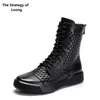 Boots Summer Leisure Chunky Bottom Sewing Cut Out Hollow Cross-tied Genuine Leather Women Ankle High Top Modern 2303