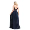 Nya sexiga rygglösa aftonklänningar 2024 Dark Navy Chiffon Appliques A Line Sheer V Neck Long Party Prom -klänningar CPS3038