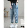 Jeans Femme Jeans Femme Version Femme Trou Taille Élastique Pantalon Haren Décontracté Longueur Cheville Pantalon pour Taille Haute Baggy Déchiré De Otjic