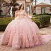 Розовые платья Quinceanera с 3D цветами и бантом, бальное платье с открытыми плечами, кружевные аппликации, милые 15 Vestidos De XV Anos