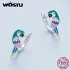 Orecchini WOSTU 925 Sterling Silver Arcobaleno Pappagallo Orecchini a cerchio per le donne Carino uccello da compagnia CZ Clip per orecchie Ragazza Bithday Gioielli Regalo di famiglia