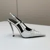 Casual Designer Fashion Femmes Sandales Noir Véritable Cuir Spikes Bout Pointu Talons Hauts Talon Aiguille Slingback Sandales Nouvelles Chaussures De Soirée De Bal Sandalias 10cm