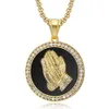 Hip Hop Iced Out Praying Hand Pendant med Mens Chain Gold Color Rostfritt stål CZ Charm Runda halsbandsmycken Male Gift1230R