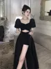 Casual Dresses Black Maxi Dress Women Hollow Out Gentle Vintage A-line Summer French Style Graceful Chic Partywear Vestidos Fairycore