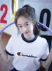 귀여운 챔피언의 일본어 버전 짧은 슬리브 여성 여름 새 패치 워크 순수면 티셔츠 라운드 목 다목적 상단 하단 셔츠 세련