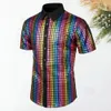 Men Performance Shirt Vintage 70s Disco Mens Club Shirt with Reflective Shiny Sequins Turn-down Collar Short Sleeve for Parties 240223