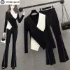 Suits 2022 Summer New Elegant Women's Pants Set Fashion Black and White Stitched Chiffon Coat Pants Twopiece Set Female Blouse