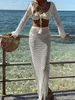 WSEVYPO HOLLOW OUT CROCHET KNIT 2ピースビーチスーツレディース夏の衣装長い袖のレースアップクロップシッグウエストロングスカート240219