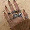 Solitaire Ring Vintage Silver Color Skull Heart Rings Set for Women Men Gothic Chain Retro Rings Trend Fashion Bijoux 240226