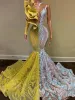 Sleeveless Yellow/Silver Long Prom Dresses Sexy V-neck Crystals Cutaway Sides Elegant African Mermaid Plus Size Evening Gowns BC13087
