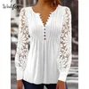 Women's T Shirts Wedifor Fashion Lace Patchwork Women Long Sleeve V Neck Button Casual T-Shirt Elegant Ruched Solid Clothes Tops