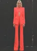 High Street nyaste 2024 Spring Designer Career Fashion Suit Set Women's Single Button Slim Fit Blazer Flare Pants Passar Två datorer