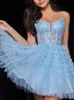 2024 Homecoming Dresses Stunning Light Sky Blue Short Prom Dresses Sweetheart Zipper Back Sheer with Applique Sequins Beads