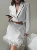Work Dresses GACVGA Women's Blazer Suits Set Woman 2 Pieces 2024 Fashion Crystal Button Short Top Elegant Burr Feather Hem Bodycon Mini