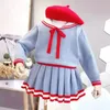 秋の幼児の女の子のセーターウォームニットシャツスーツスカート韓国ファッション秋の冬服子供2ピースセット240223