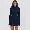 Casual Dresses Elegant Dark Blue Solid High midje Mini Dress Women Fashion With Pocket Long Sleeve BodyCon 2024 Chic Party Club Robes