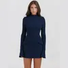 Robes décontractées Élégant Bleu Foncé Solide Taille Haute Mini Robe Femmes Mode Avec Poche À Manches Longues Moulante 2024 Chic Party Club Robes