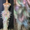 Stage Wear Sans manches Embelli Multi-Color Plume Femmes Anniversaire Robe longue Perle High Split Robes asymétriques Soirée Prom Outfit