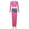 Skirts 2 Pieces Sets Women Elegant O Neck Long Sleeve Denim 3D Print Sexy Crop Top Maxi Skirt Outfit Party Casual Streetwear Clothing