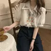 Blouses Femmes Chemises Femmes Broderie Floral Simple Casual All-Match Manches Bouffantes Chic Élégant Coréen Tendance Tops Été Mince Rétro Femme