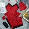 Women's Sleepwear Sexy Sling Tops With Shorts Imitation Silk Pajama Sets Women Casual Solid Color Homewear Eyemask Hair Tie Storage Bag