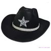 Berets à prova de sol para strass estrela fedora chapéu cowboy com borda de rolo ocidental h dropship