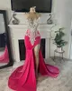 Sparkly Pink O Neck Long Prom Dress Black Girls Beaded Crystal Birthday Party Dresses Evening Gowns High Slit Gown Robe De Bal