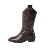 Brown Brown Mid-Calf Boots Women's Knee-Short V-Cut Kut Boots أحذية رعاة البقر المطبوعة ذات البوت الغربية.