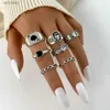 Solitaire Ring Vintage Gümüş Renk Kafatası Kalp Yüzükleri Kadınlar İçin Set Gotik Zincir Retro Halkalar Moda Takı 240226