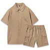 Survêtements pour hommes Couleur unie Lâche Casual Deux pièces Costumes Hommes Printemps Été Mode Revers Bouton-Up Chemise et Shorts Ensembles pour hommes Tenues