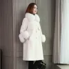Futra kobiety w 100% wełniana kurtka długa prawdziwa futrzana płaszcz zimowy kurtka naturalny lis futra kołnierz i mankiet mankiet mody mody mody mody