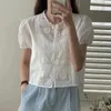 Damenblusen WDMSNA Chic Sommer Rundhalsbluse Frauen Solid Hook Lace Cut Out Cardigan Blusas Korean Puff Short Sleeve White Shirt