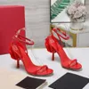 Cowhide ankle strap stiletto Heel sandals heel rose embellished leather outsole 100mm pumps women's party dress shoes luxurious designer high heels 35-42